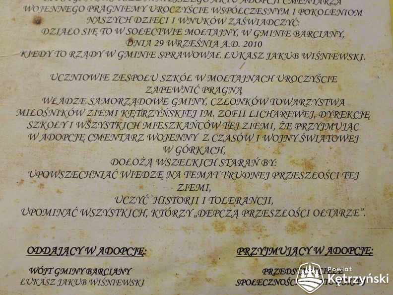 Górki, tekst aktu adopcji cmentarza wojennego - 30.09.2016r.
